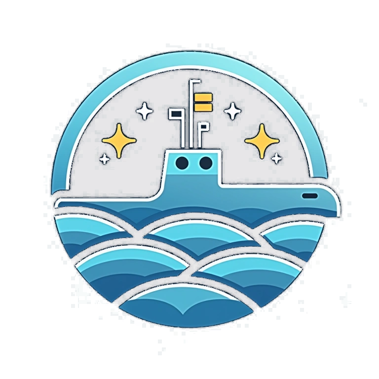 Elthevoypra company logo, a submarine emerging from the turbulent seas beneath a tranquil night sky